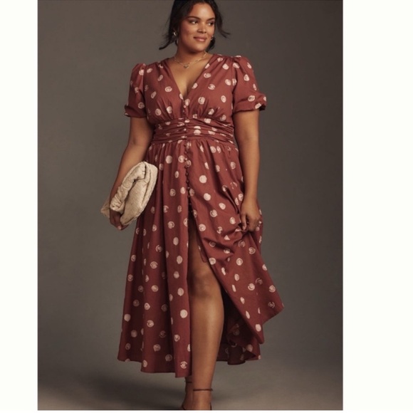 NWT Anthropologie Katerina Brown and Cream Button Front Polka-Dot Dress Size XL